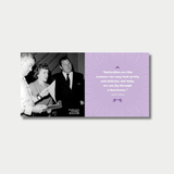 Open book spreads from a biography of Betty White, showcasing vintage photographs and iconic production stills from The Golden Girls alongside inspirational quotes and biographical text on light purple pages.