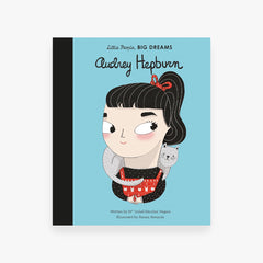 Book cover featuring an illustration of a young Audrey Hepburn with a high ponytail and a red bow. She is hugging a small grey cat against a light blue background.