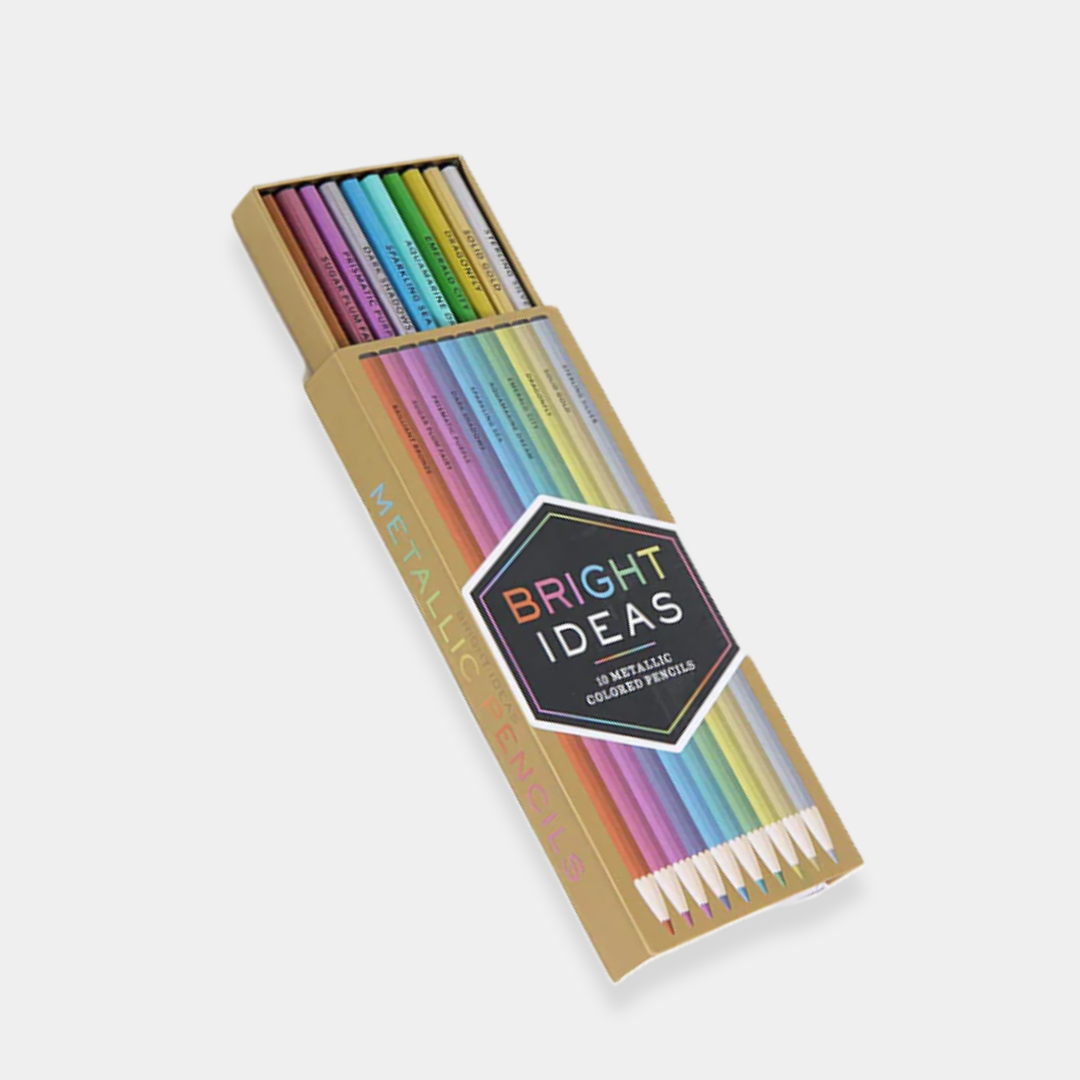 A box of ten "Bright Ideas" metallic colored pencils, displaying a spectrum of shimmering shades from gold and green to blue and purple.