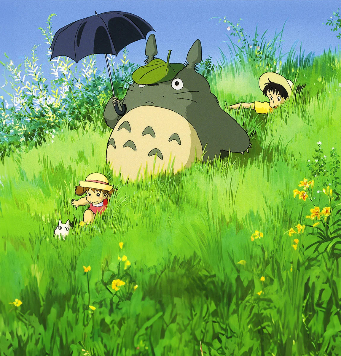 Cartoon character with umbrella and children in a grassy field