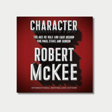 Book cover for 'Character: The Art of Role and Cast Design for Page, Stage, and Screen' by Robert McKee, featuring bold, 3D white text with dramatic drop shadows against a textured red background.