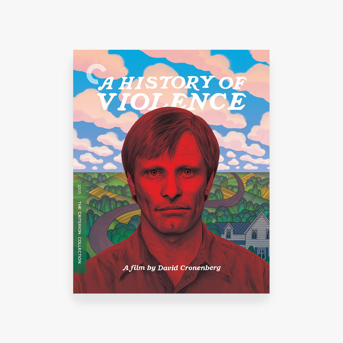 DVD cover of 'A History of Violence' with a stylized illustration of a man's face and landscape.