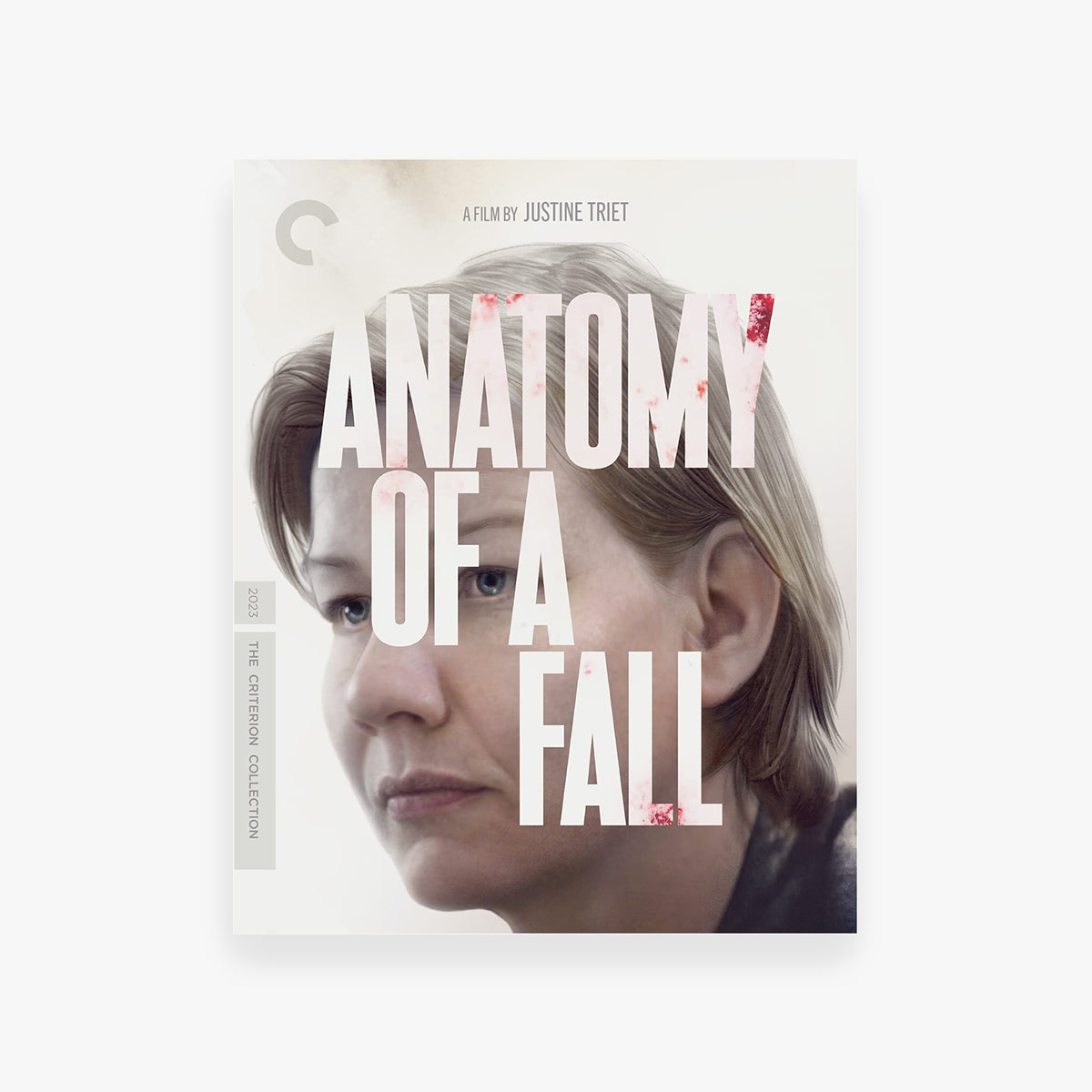 DVD cover for 'Anatomy of a Fall' with a woman's face and text on a white background