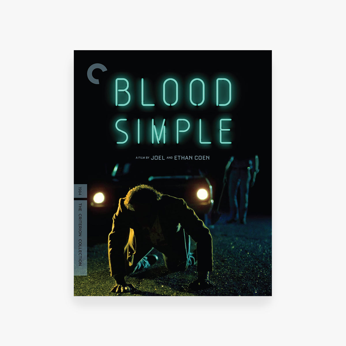 Cover for 'Blood Simple' featuring a person crouching on the ground with headlights in the background.