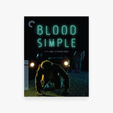 Cover for 'Blood Simple' featuring a person crouching on the ground with headlights in the background.