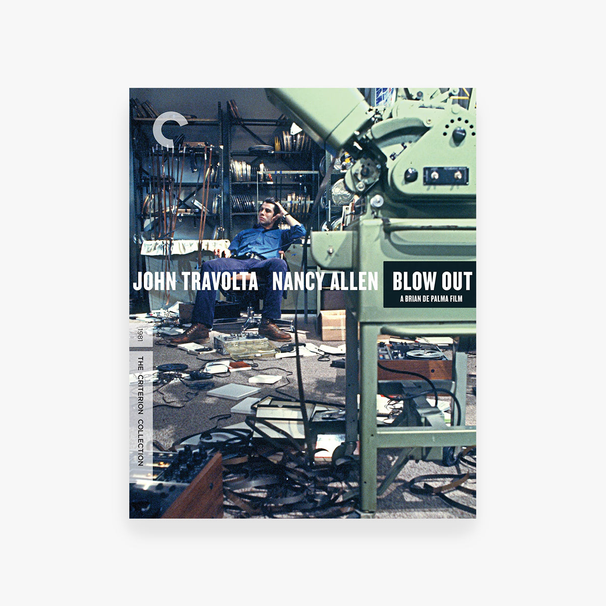 Movie poster for 'Blow Out' featuring John Travolta and Nancy Allen, with a green machine and scattered papers.