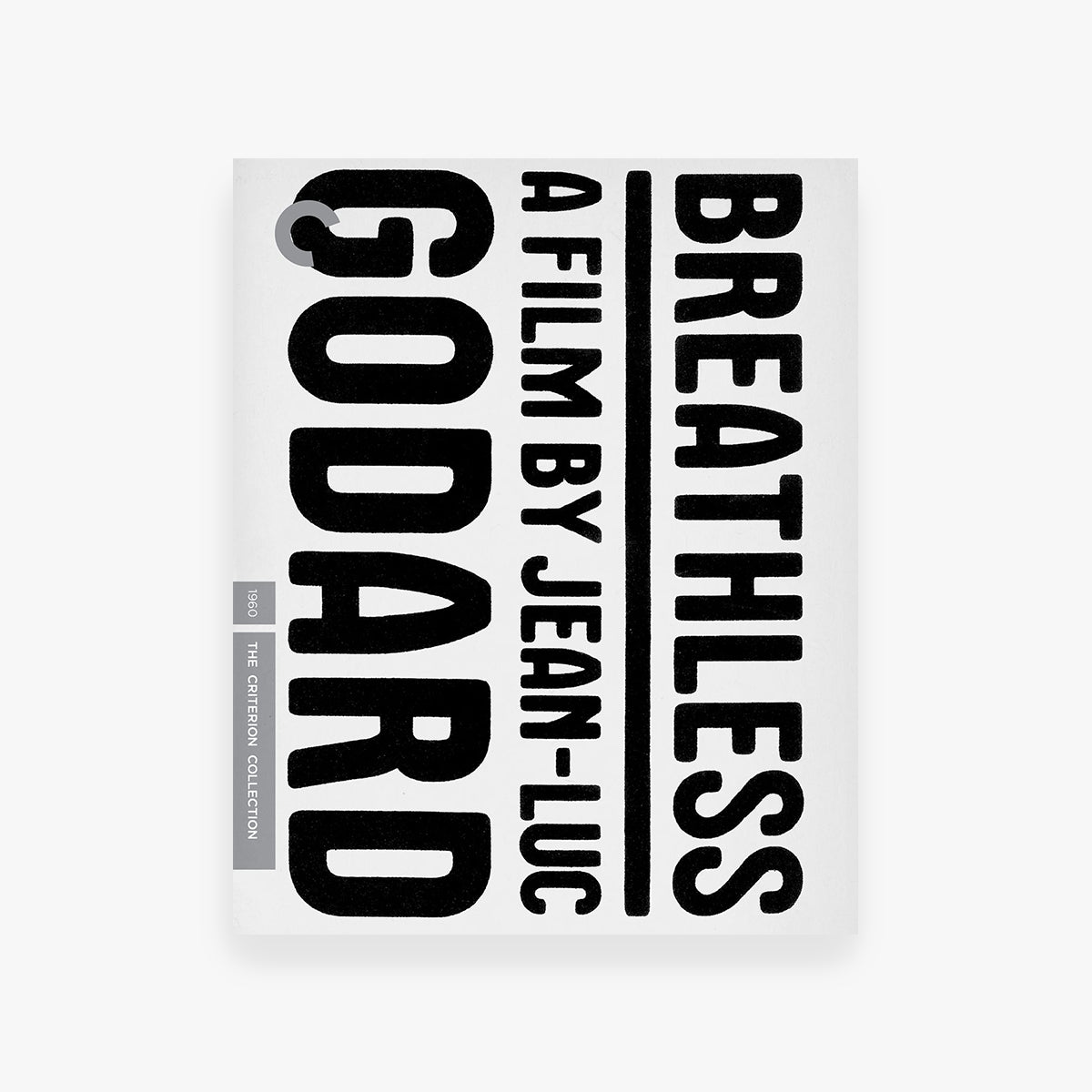 Blu-Ray cover for 'Breathless' by Jean-Luc Godard with black text on a white background