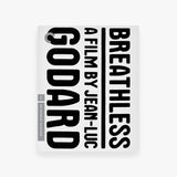 Blu-Ray cover for 'Breathless' by Jean-Luc Godard with black text on a white background