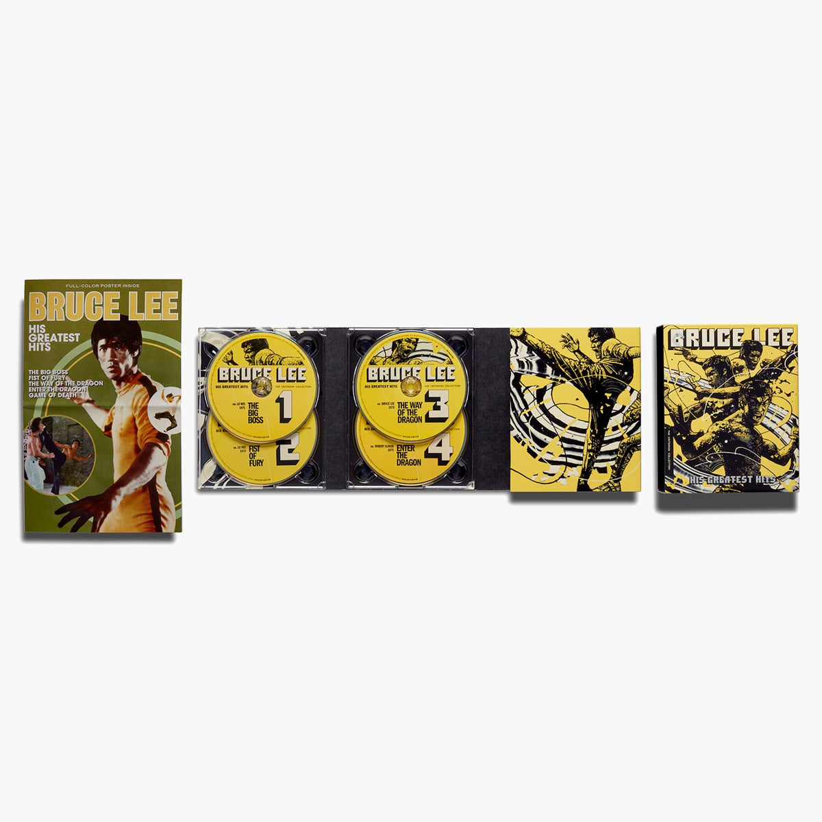 Collection of Bruce Lee DVDs and booklets on a white background