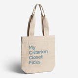 Beige tote bag with 'My Criterion Closet Picks' text in blue on a white background