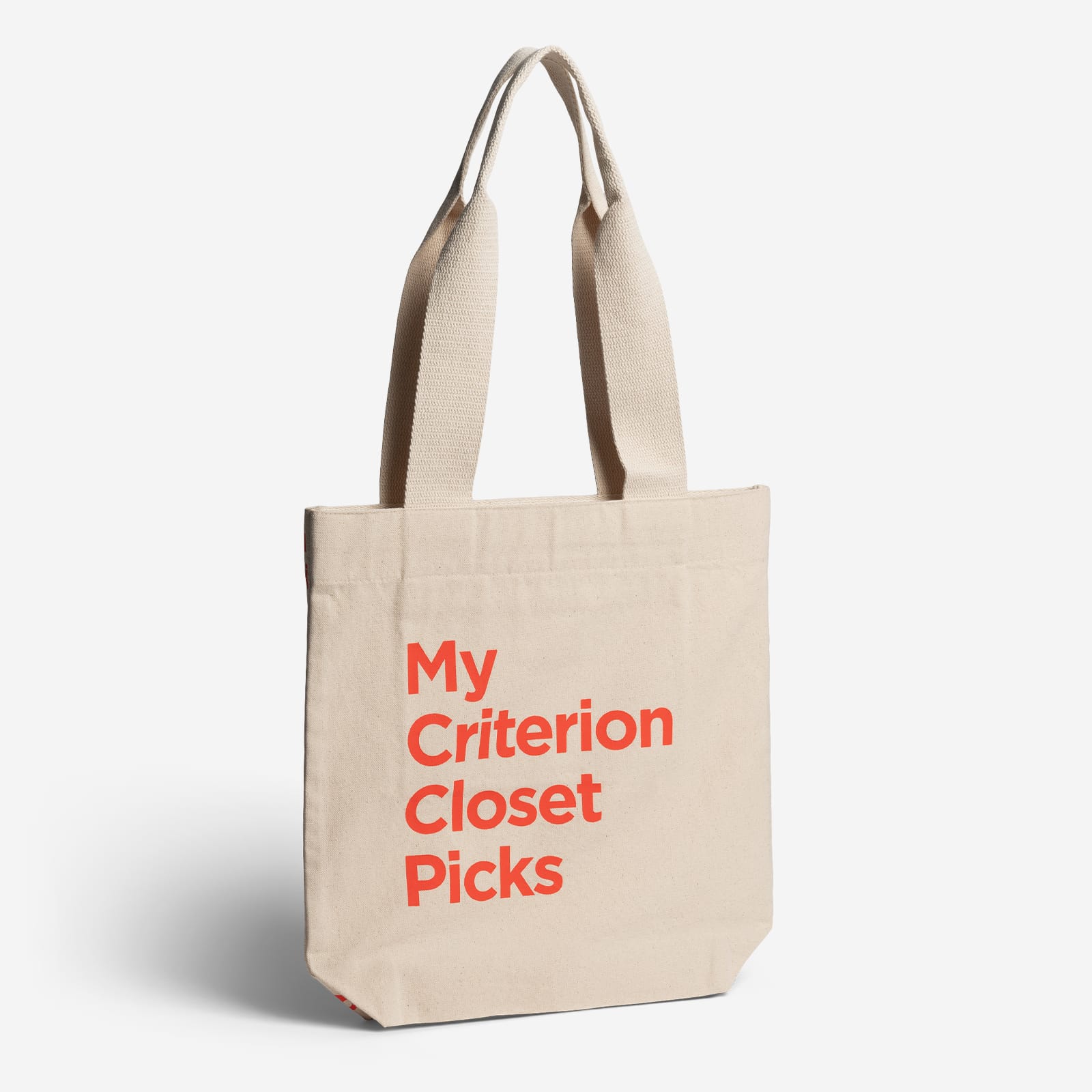 Beige tote bag with red text 'My Criterion Closet Picks' on a white background