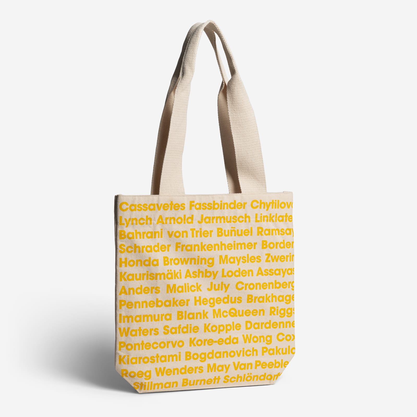Tote bag with yellow text on a white background