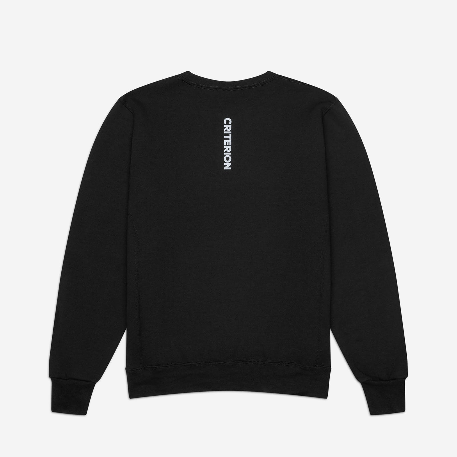 Black sweatshirt with 'Criterion' logo on the back against a white background