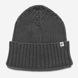 Dark gray knit beanie with a brand logo on a light gray background