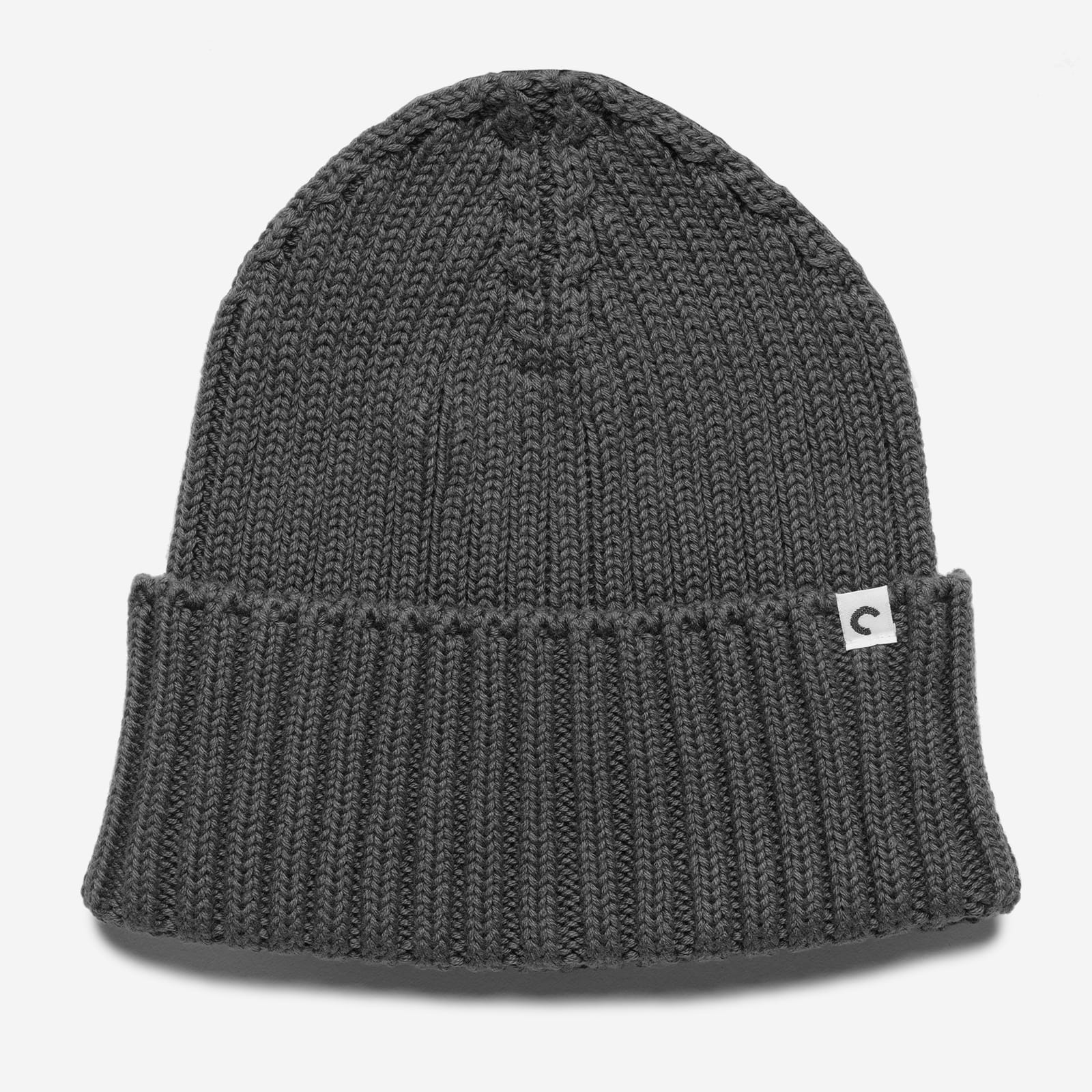 Dark gray knit beanie with a brand logo on a light gray background