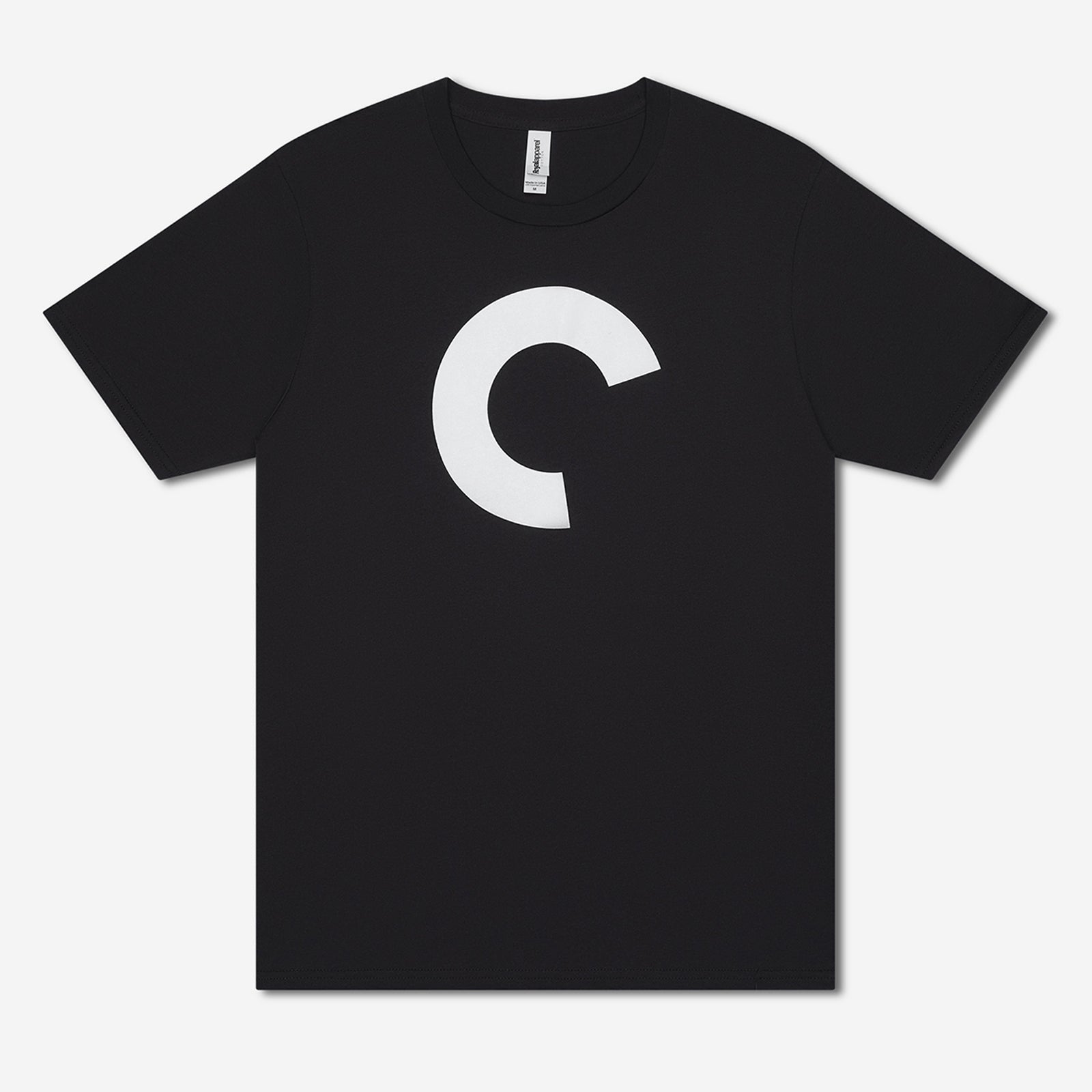 Black t-shirt with a white logo on a white background