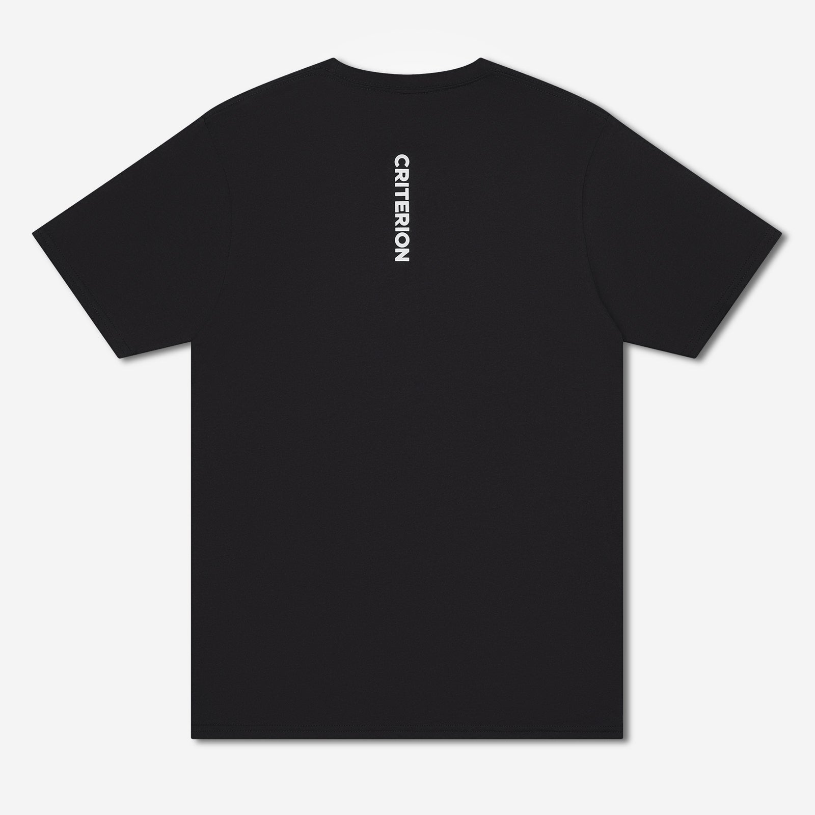 Black t-shirt with 'CRITERION' logo on the back against a white background