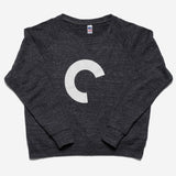 Dark gray sweatshirt with a large white 'C' on a light gray background