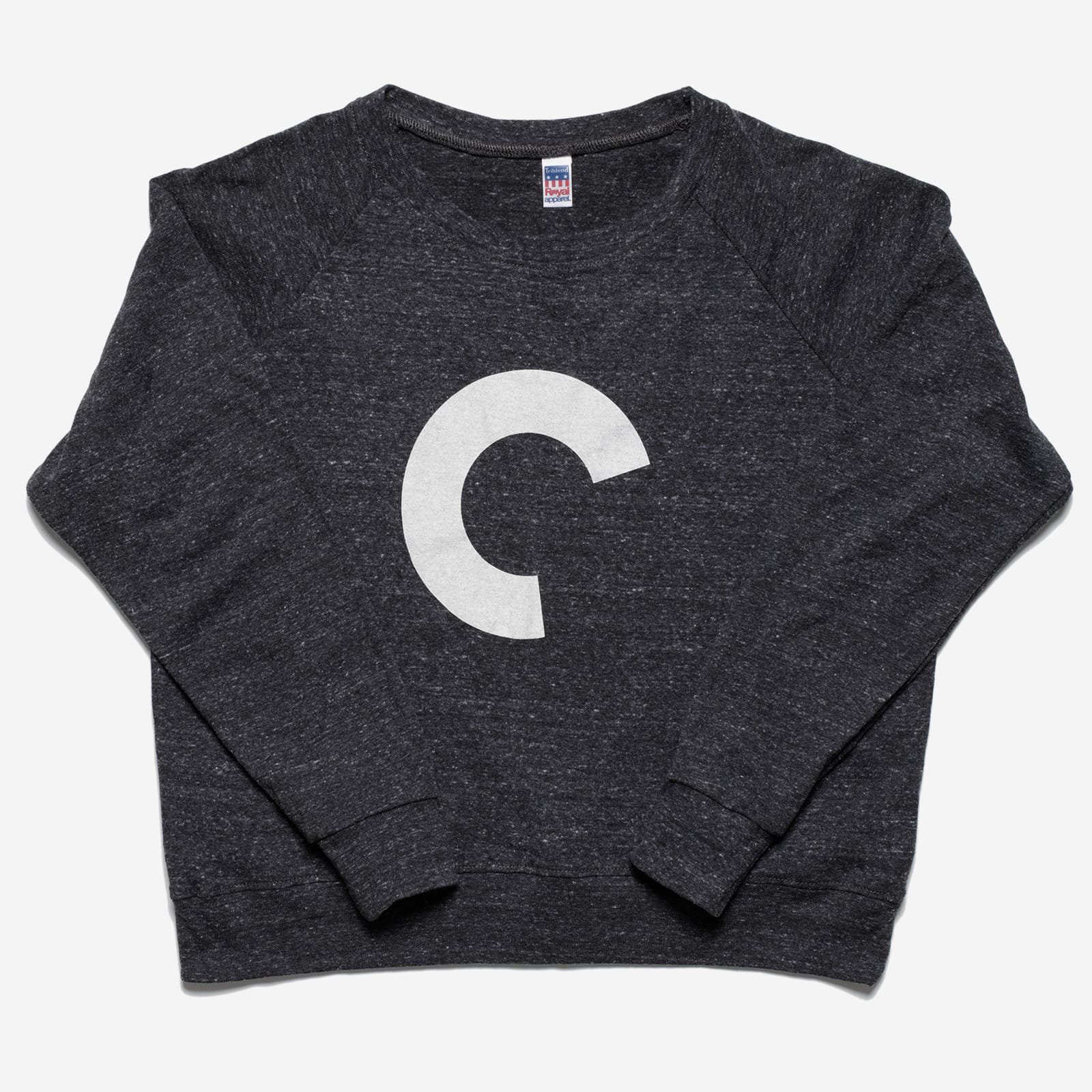 Dark gray sweatshirt with a large white 'C' on a light gray background