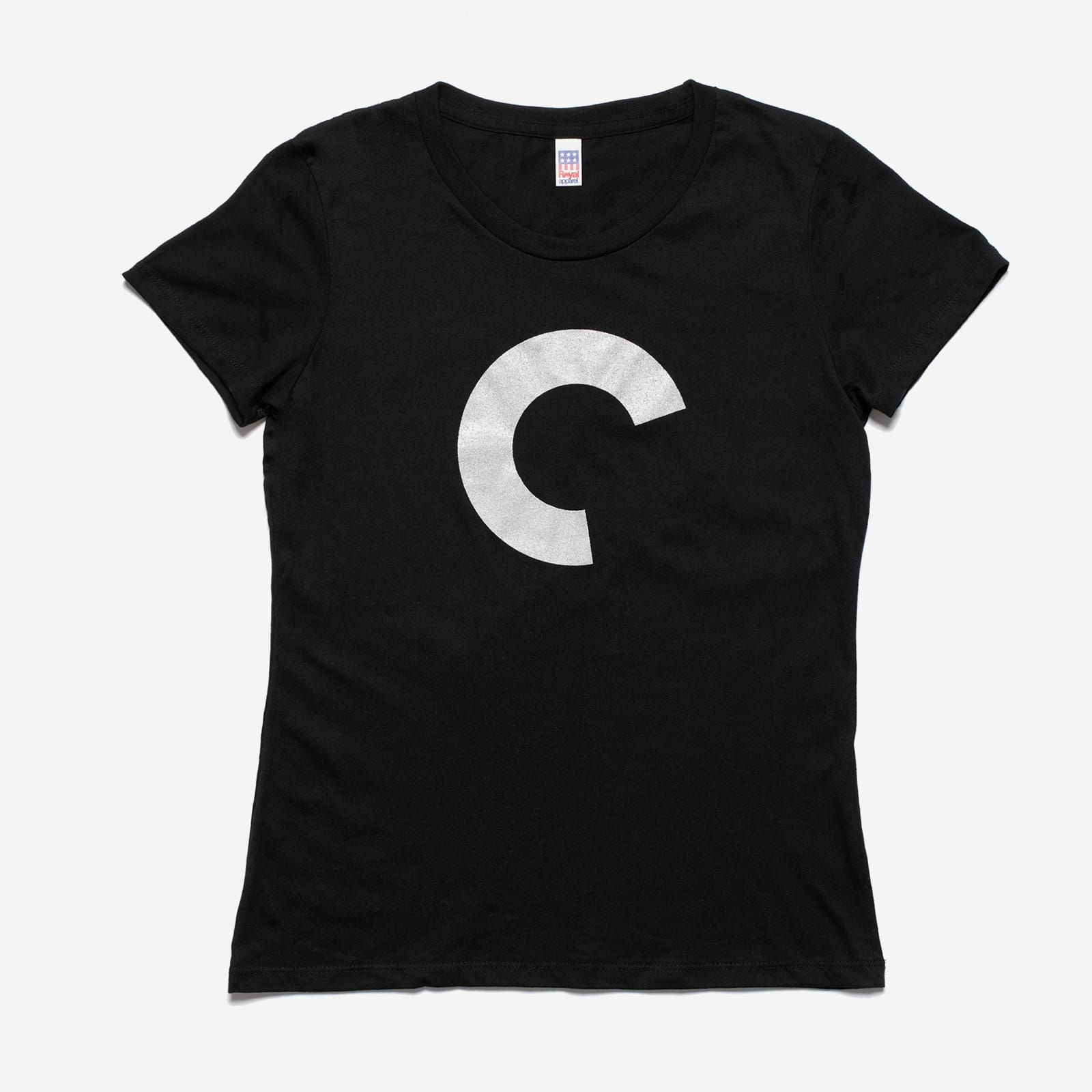 Black t-shirt with a white logo on a white background
