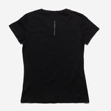 Black t-shirt with a small logo on the back against a white background