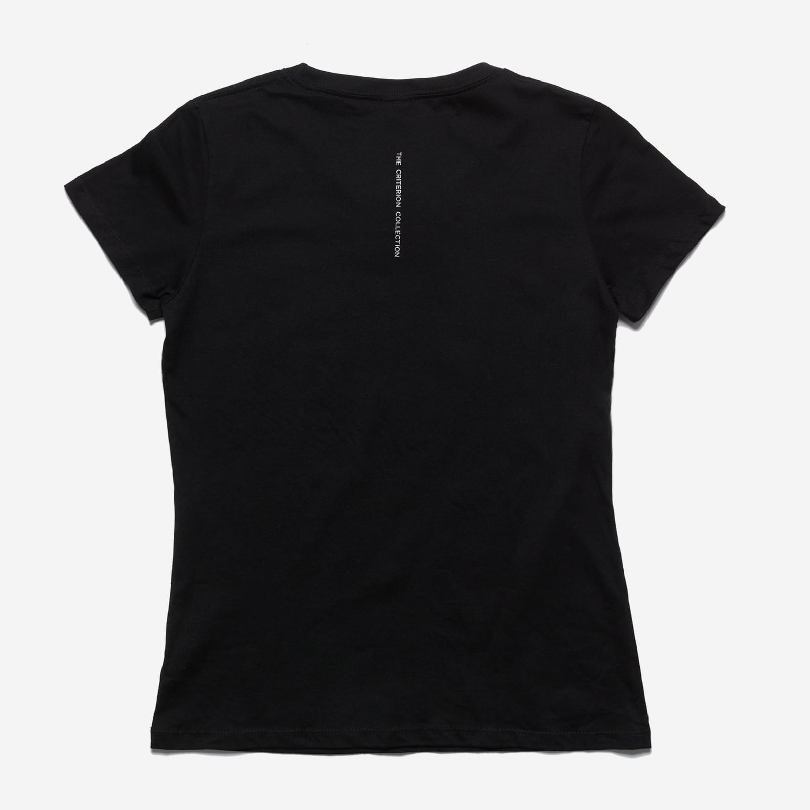 Black t-shirt with a small logo on the back against a white background