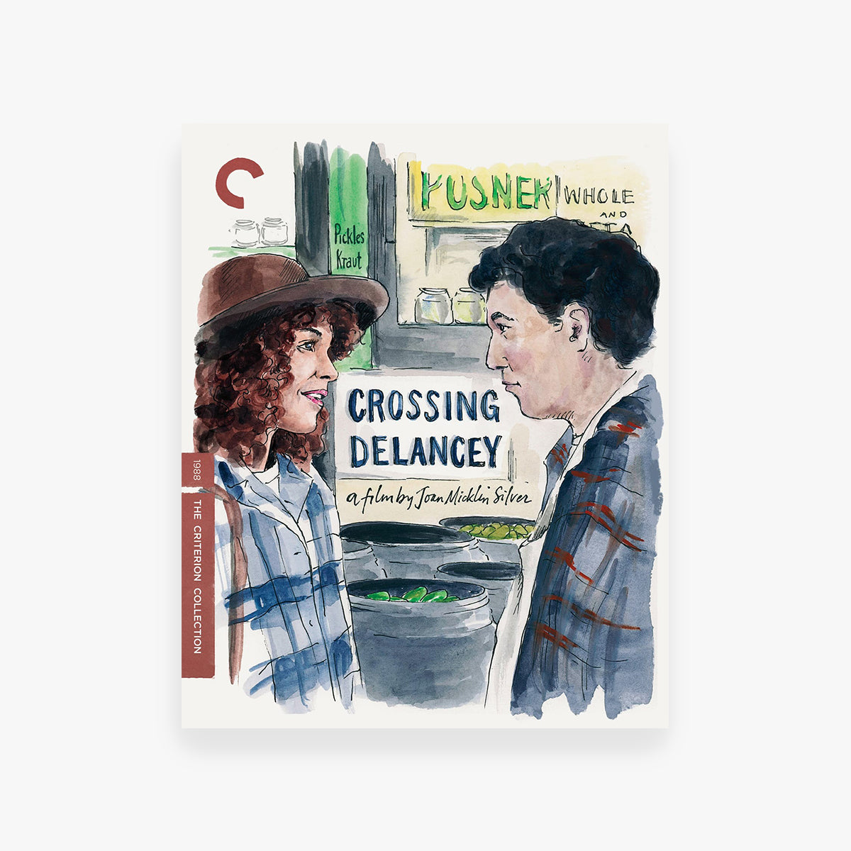 Blu-Ray cover of 'Crossing Delancey' with illustration of two people and store window.