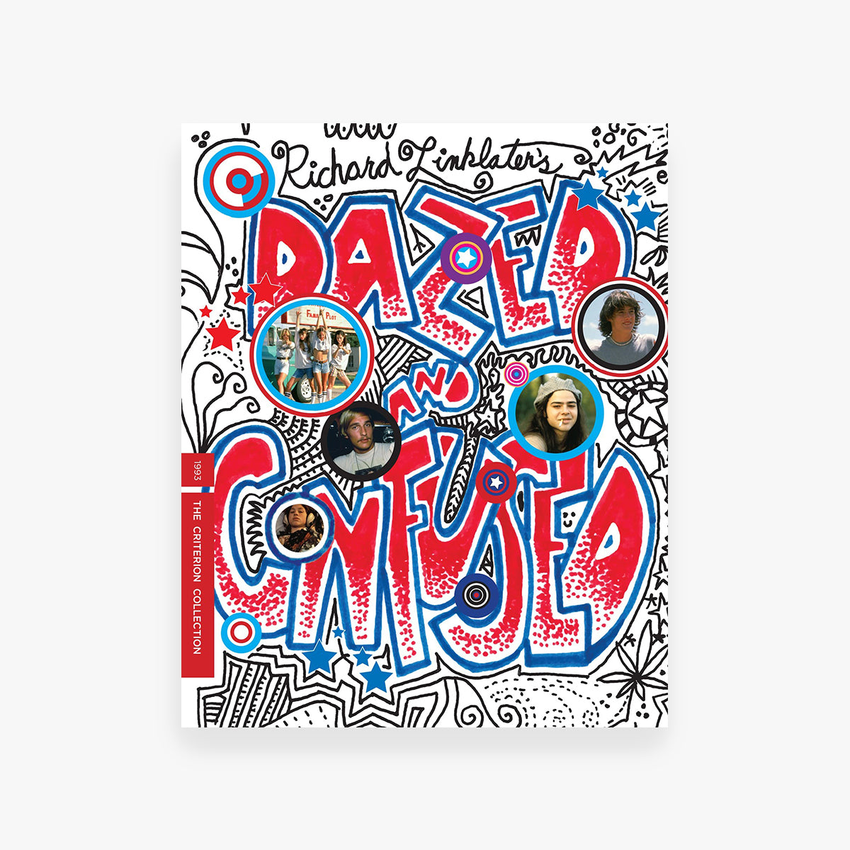 DVD cover of 'Dazed and Confused' with colourful text and portraits on a white background