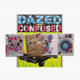 Collage of 'Dazed and Confused' themed items including a poster and a colourful design with a car.
