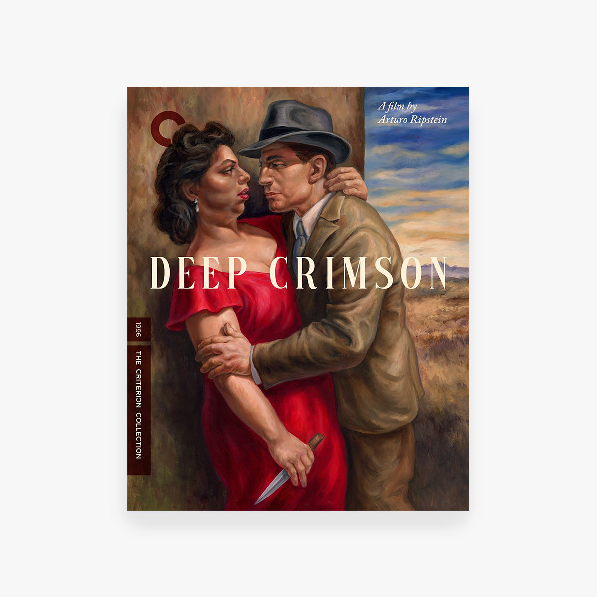 DVD cover for 'Deep Crimson' featuring a couple in an intimate embrace with a desert landscape in the background.