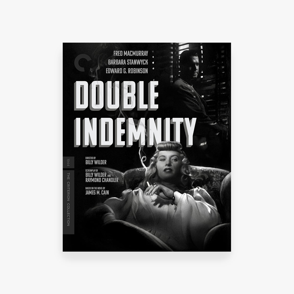 DVD cover for 'Double Indemnity' featuring a woman in a chair with text about the film's cast and director.