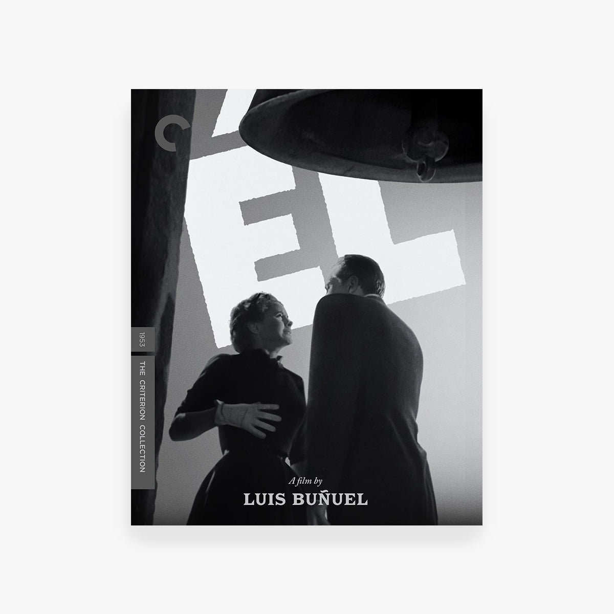 Blu-Ray cover for a film by Luis Buñuel featuring two people in silhouette against a geometric background.