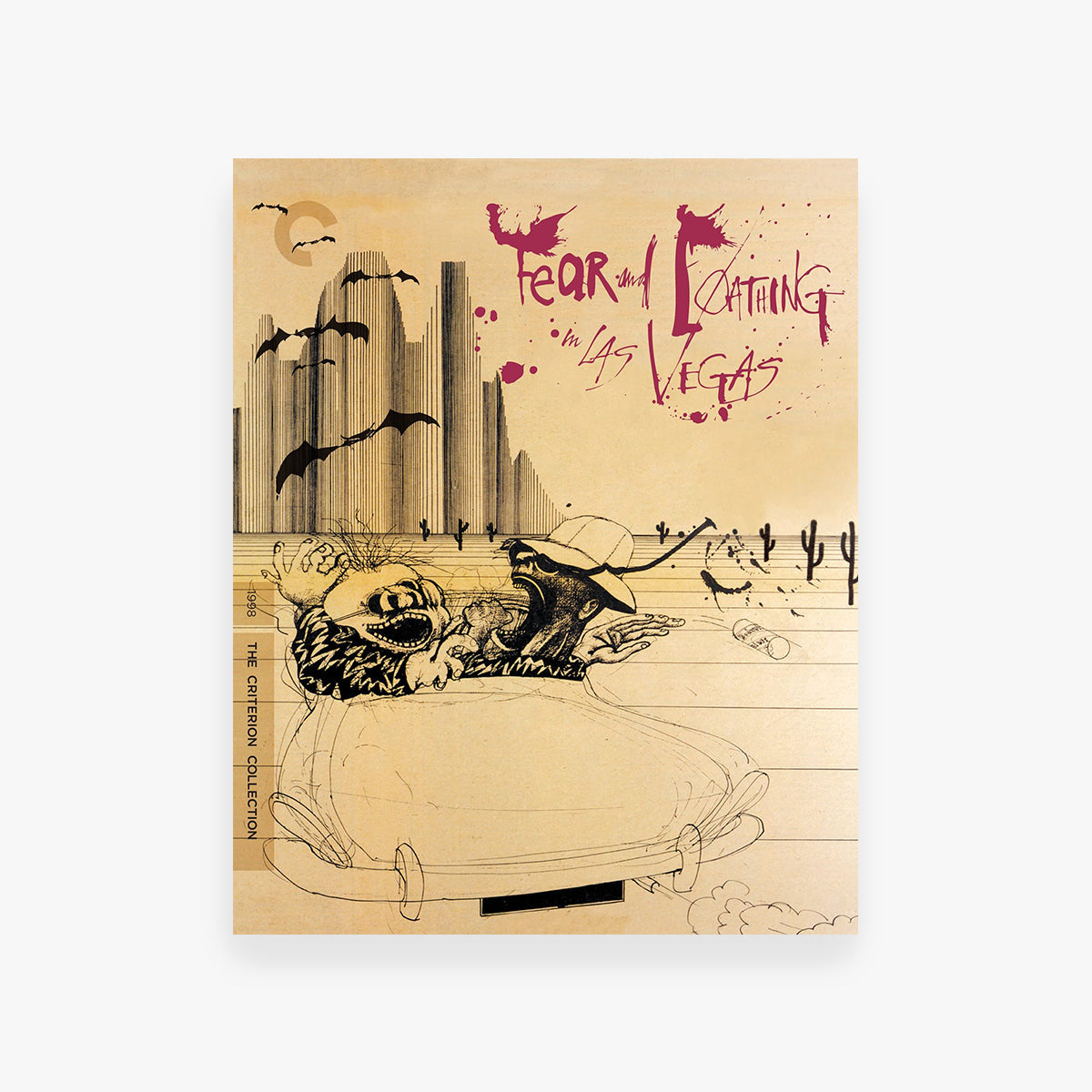 Illustrated poster with a cityscape, skull, and text on a beige background