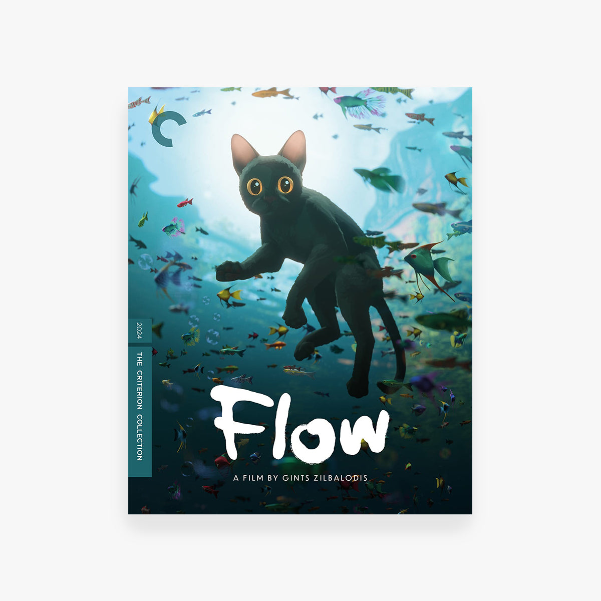 Movie cover for 'Flow' featuring a cat underwater with fish.