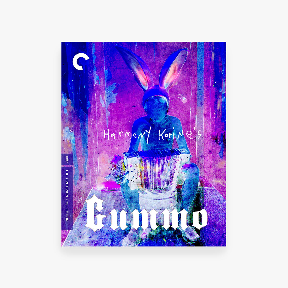 Movie poster for 'Gummo' featuring a person with rabbit ears against a colorful background.