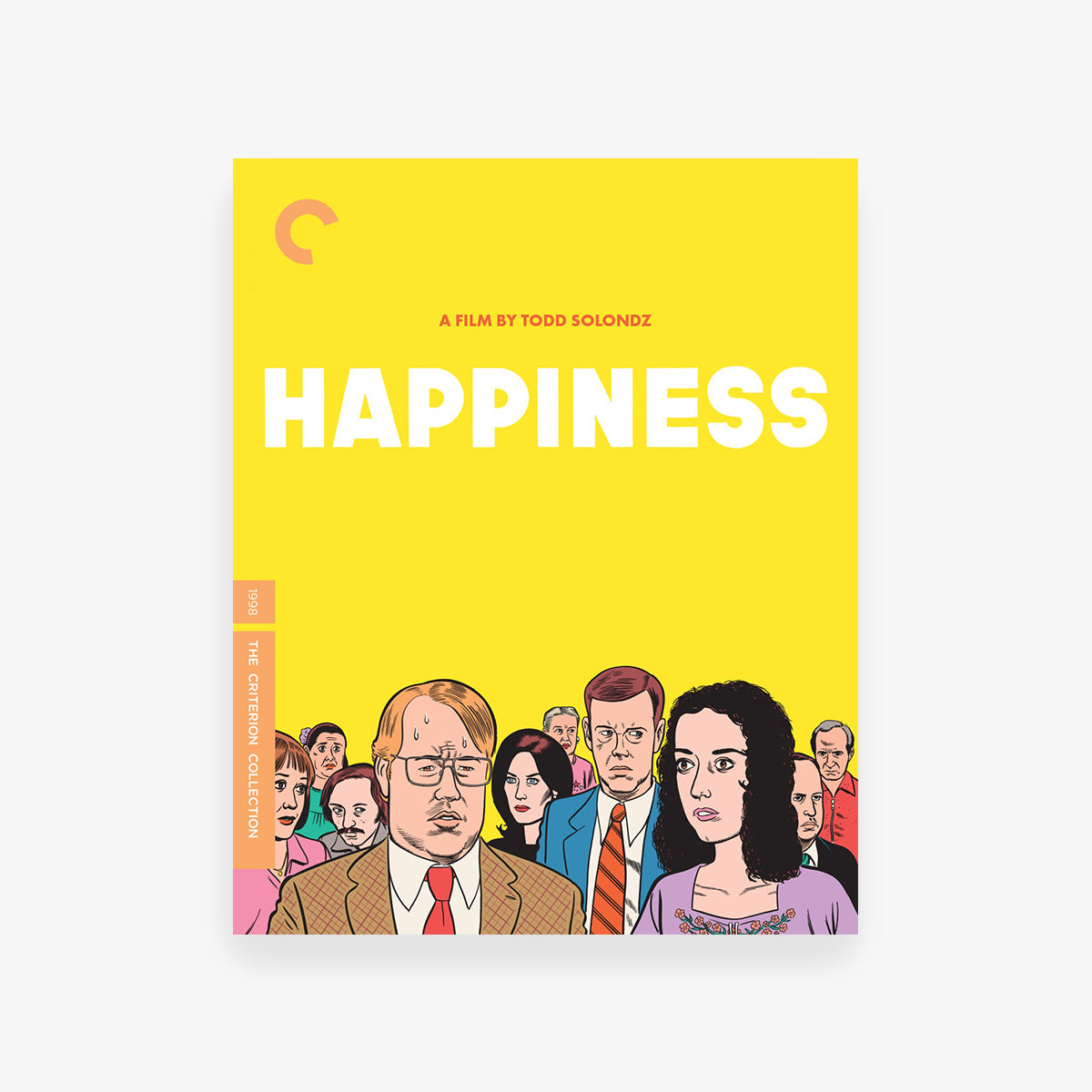 DVD cover of 'Happiness' with illustrated characters on a yellow background