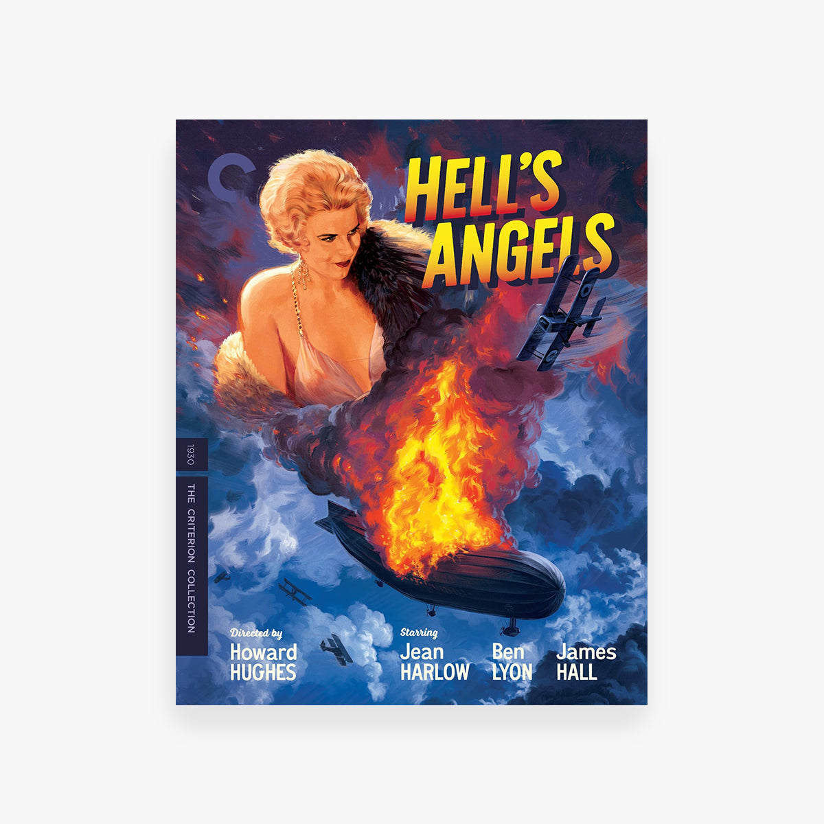 Movie poster for 'Hell's Angels' featuring a woman amidst flames and airplanes.
