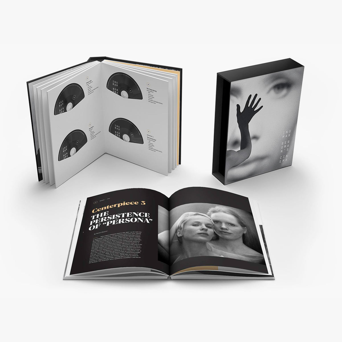 Open book with black and white images and text on a white background