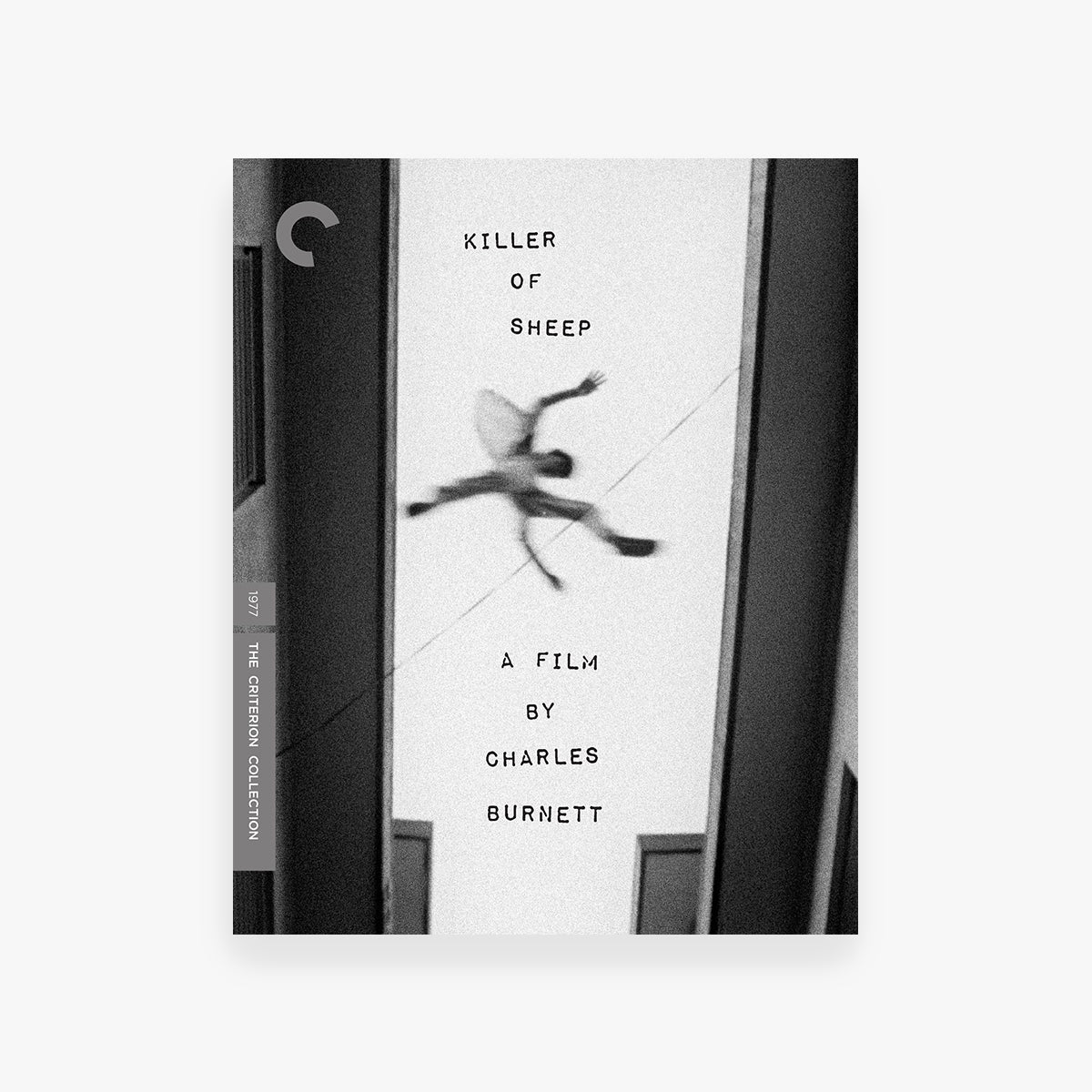 Movie cover for 'Killer of Sheep' by Charles Burnett with a black and white image of a person running.