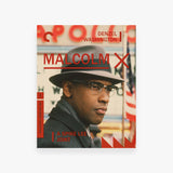 Movie cover for 'Malcolm X' featuring Denzel Washington with a blurred background.