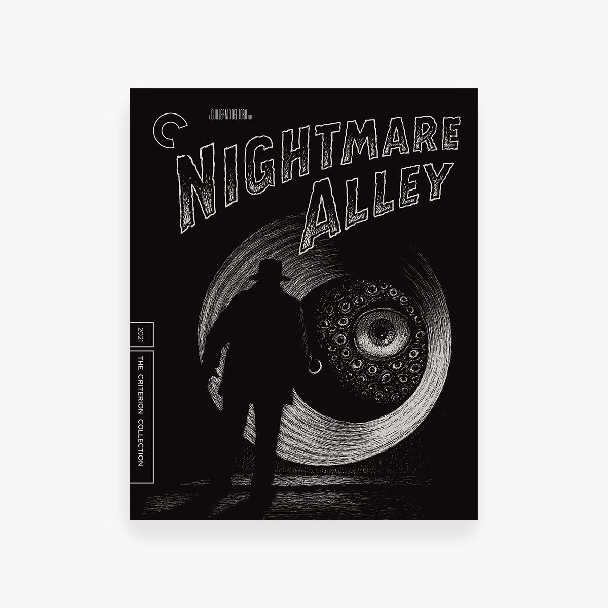 Movie cover for 'Nightmare Alley' with a silhouette of a person and an eye-like design on a black background.