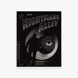 Movie cover for 'Nightmare Alley' with a silhouette of a person and an eye-like design on a black background.