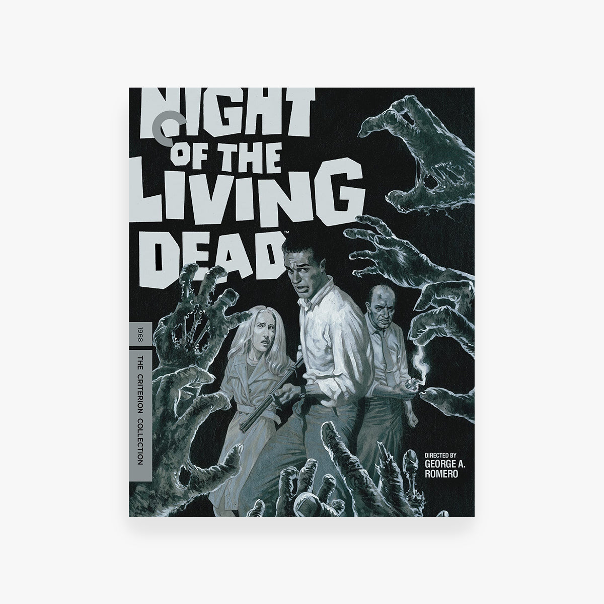 Movie cover for 'Night of the Living Dead' with text and characters on a black background