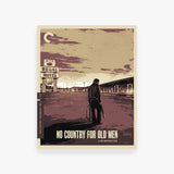 Movie cover for 'No Country for Old Men' featuring a lone figure with a gun in front of a motel.