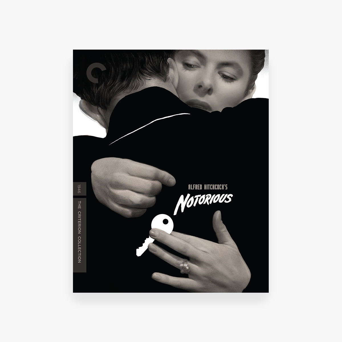 Movie cover for 'Notorious' featuring a close-up of two people and a key, with 'The Criterion Collection' logo.