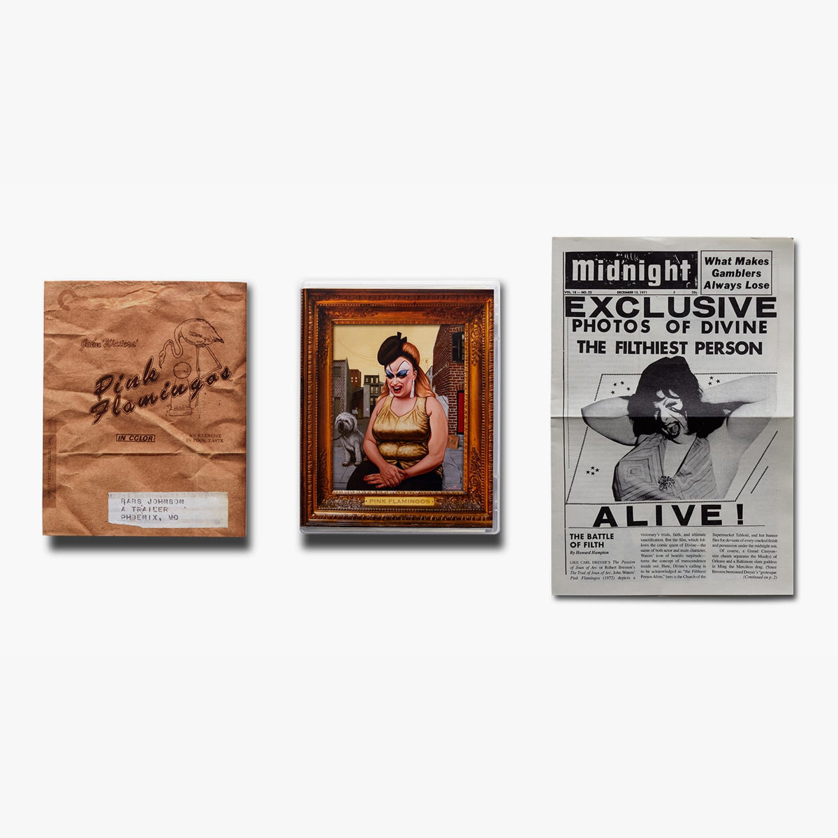Three vintage-style items including a wooden box, framed portrait, and newspaper clipping on a white background.