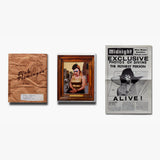 Three vintage-style items including a wooden box, framed portrait, and newspaper clipping on a white background.