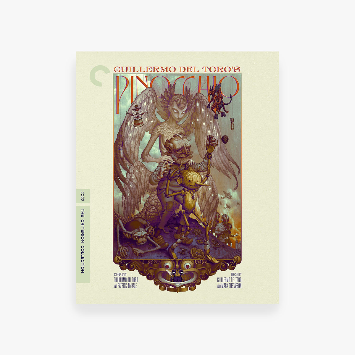 Cover of 'Pinocchio' by Guillermo del Toro featuring fantasy elements on a beige background