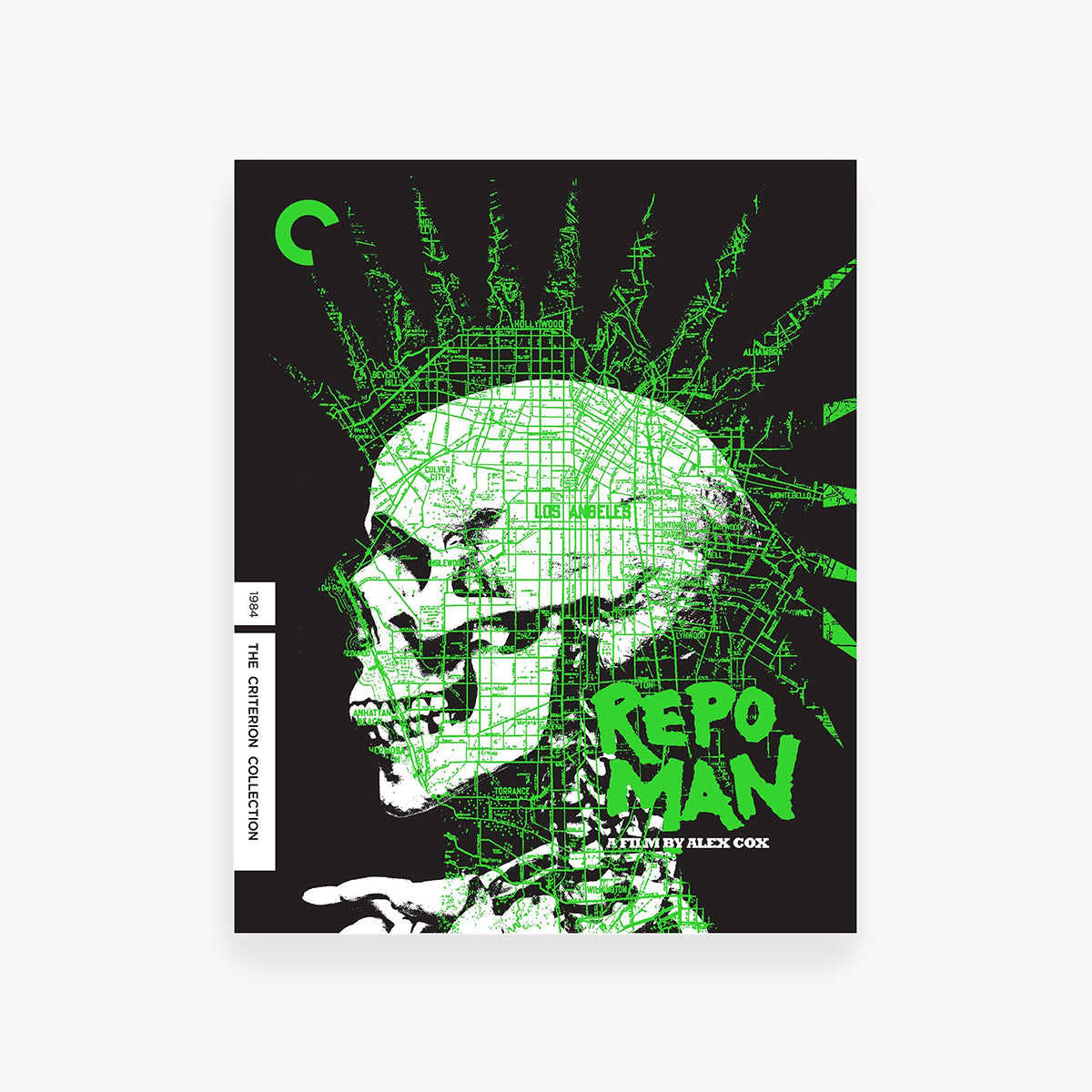 DVD cover for 'Repo Man' with green and white design on a black background