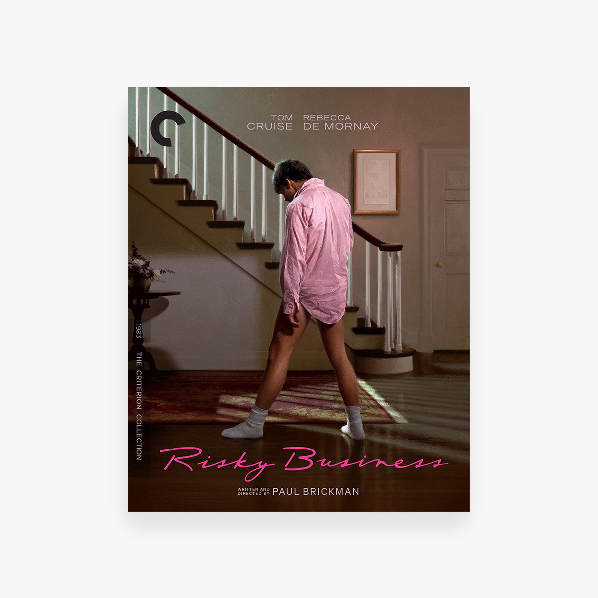 DVD cover for 'Risky Business' featuring a person in a pink shirt and shorts walking up a staircase.